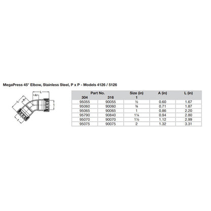 Viega MegaPress 1/2" 45 Stainless Steel 304 Elbow - Double Press Connection - Smart Connect Technology [95055]